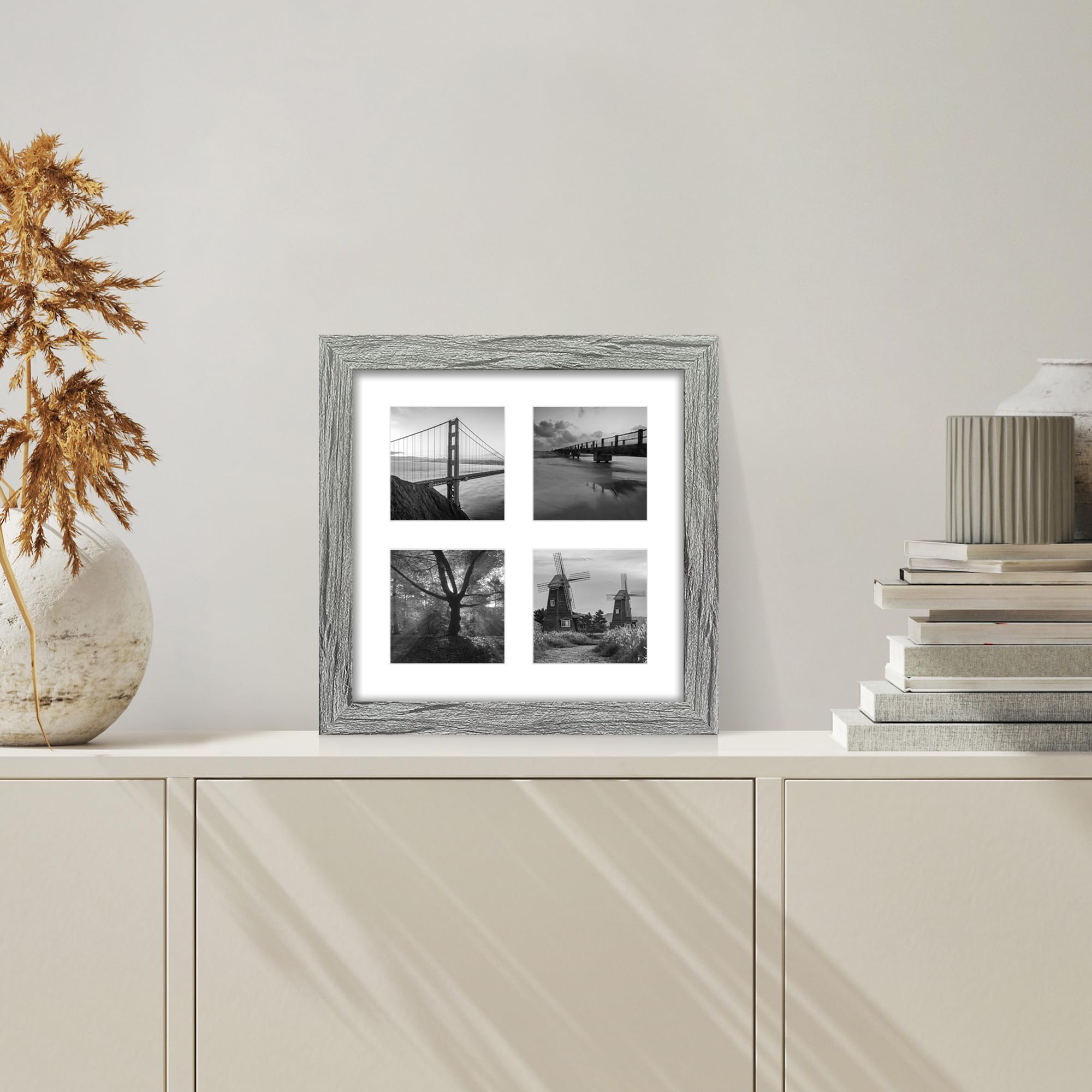 Hongkee 10x10 Picture Frame Set of 2, Real Glass and Grey Collage Frame, Display Pictures Four Opening 4x4 With Mat or 10 x 10 W